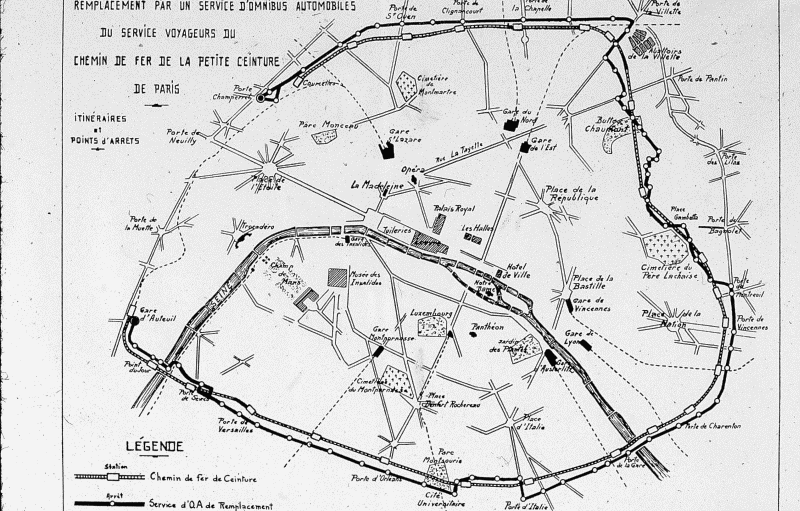 Carte du bus de remplacement du service voyageurs de la Petite Ceinture entre les portes d'Auteuil et Champerret 